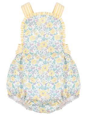 Luli & Me Baby Girl Floral Ruffle Romper - Yellow/Blue - Size 9M